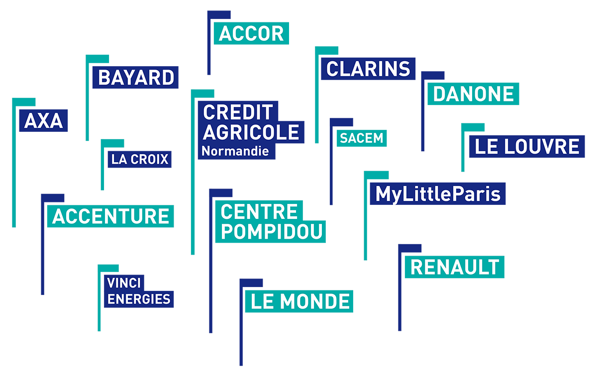 Bayard, Accor, Clarins, Axa, La Croix, Crédit Agricole, SACEM, Danone, Le Louvre, Accenture, Le Monde, Vinci, Renault